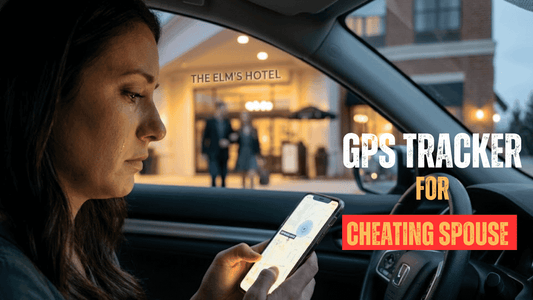 GPS tracker app showing live location on smartphone as woman watches partner outside hotel, suggesting suspected cheating