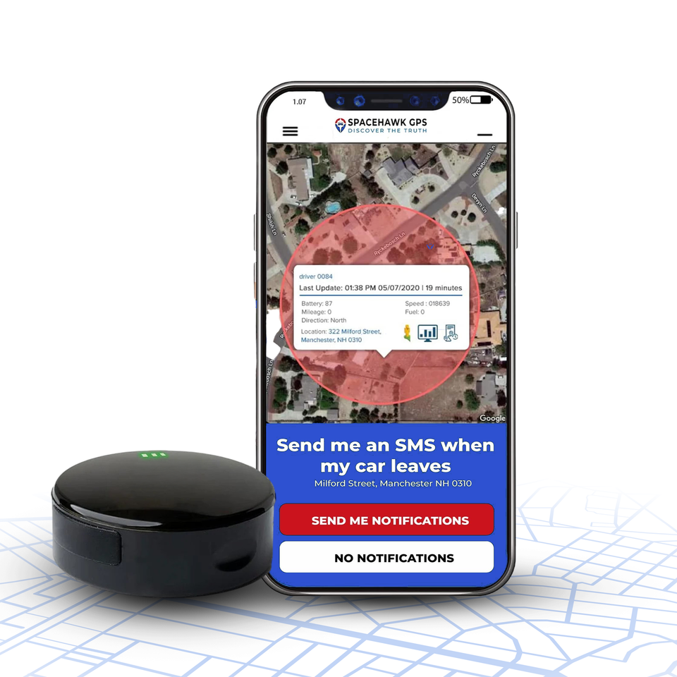 SpaceHawk GPS tracker with live tracking on a phone